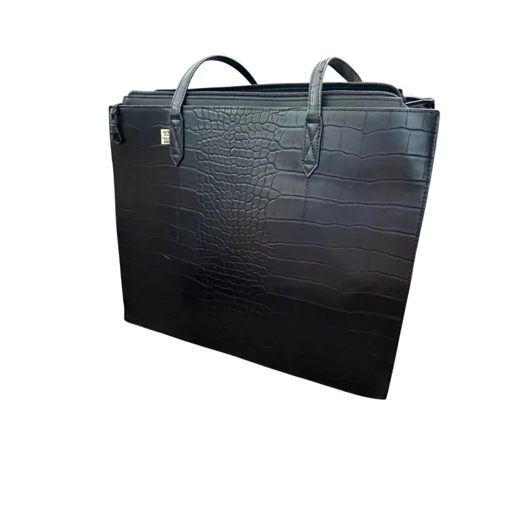 Beis The Work Tote Handbag Black Croc Faux Vegan Leather Shoulder Strap